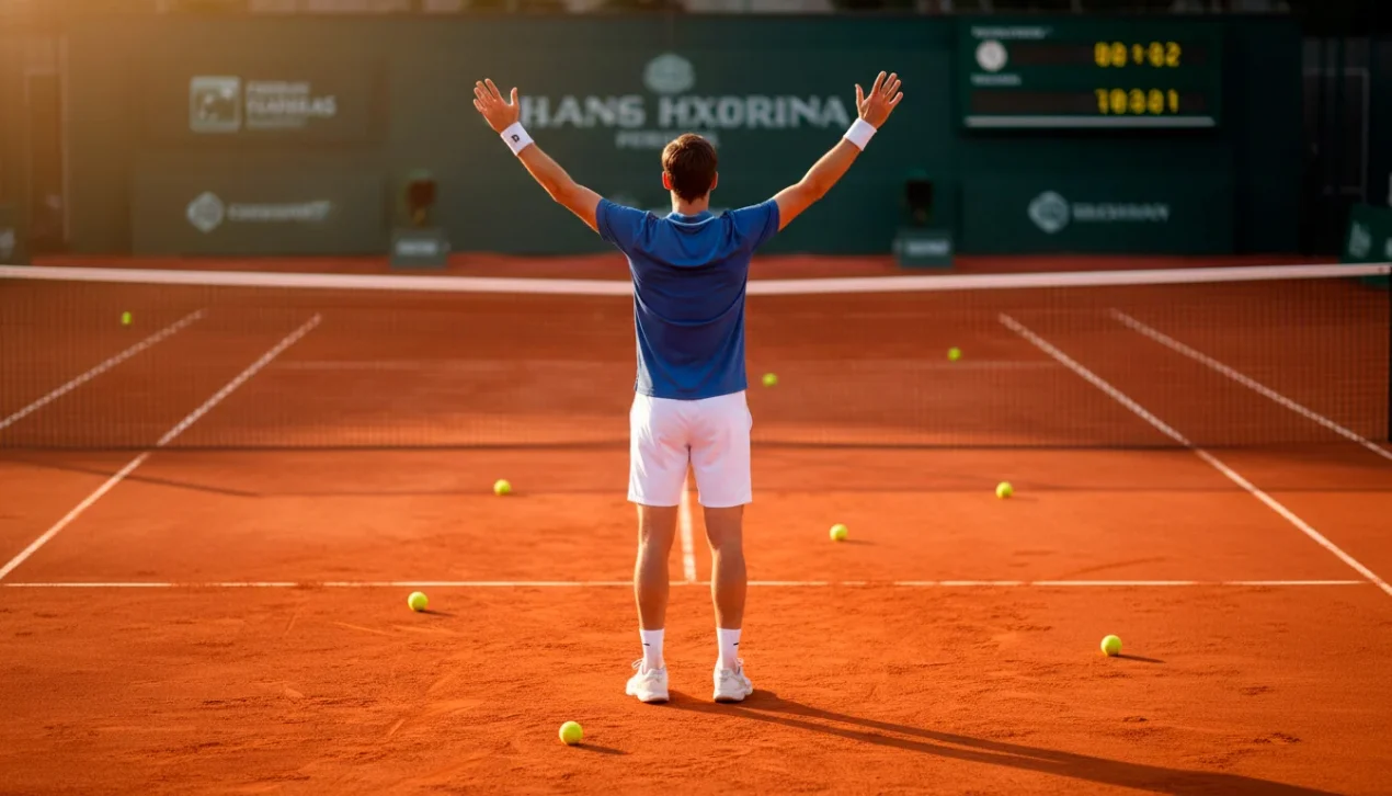 Tennisspieler feiert überraschenden Sieg auf dem Tennisplatz