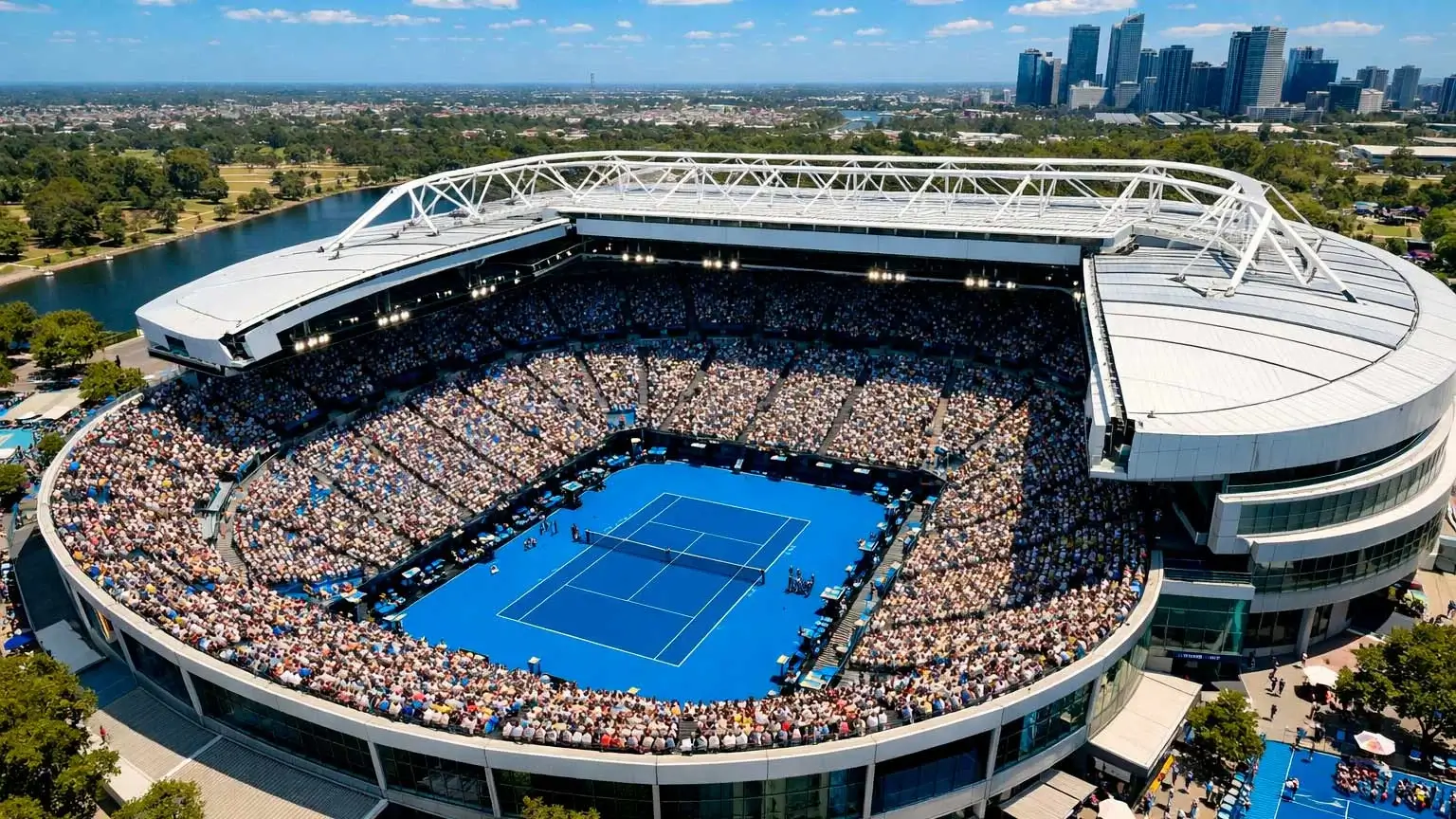 Rod Laver Arena in Melbourne bei den Australian Open unter blauem Himmel