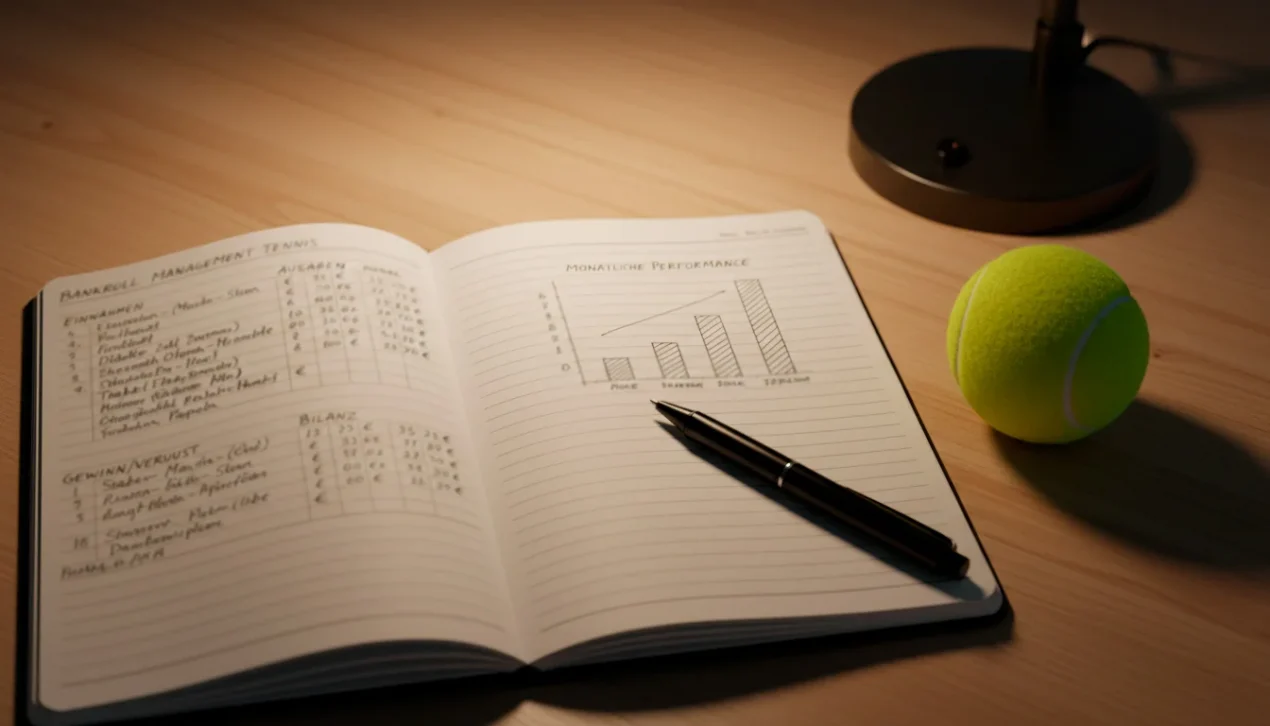 Notizbuch mit Budgetplanung und Stift neben einem Tennisball