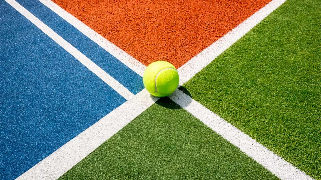 Drei Tennisplätze nebeneinander: Hartplatz, Sandplatz und Rasen