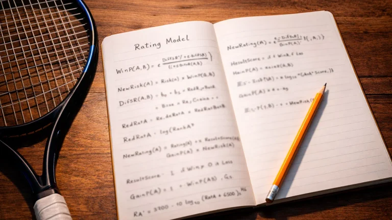 Notizbuch mit mathematischen Formeln neben einem Tennisschläger
