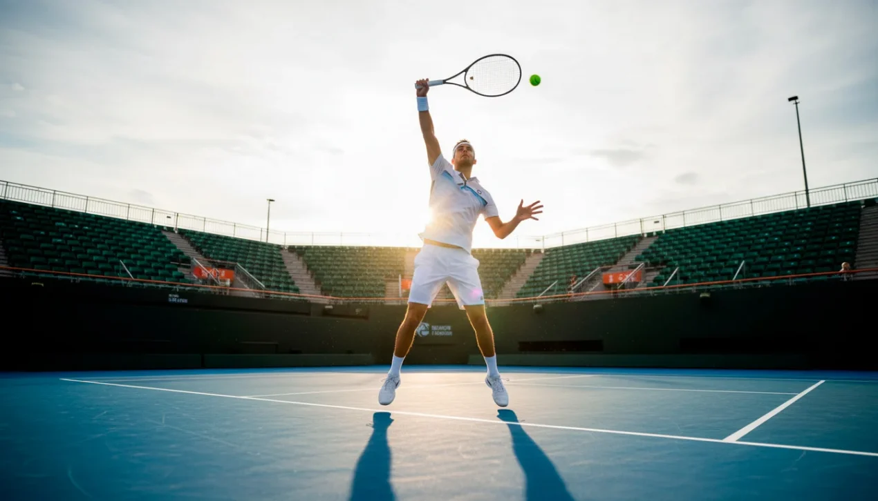 Tennisspieler beim kraftvollen Aufschlag auf einem Hartplatz