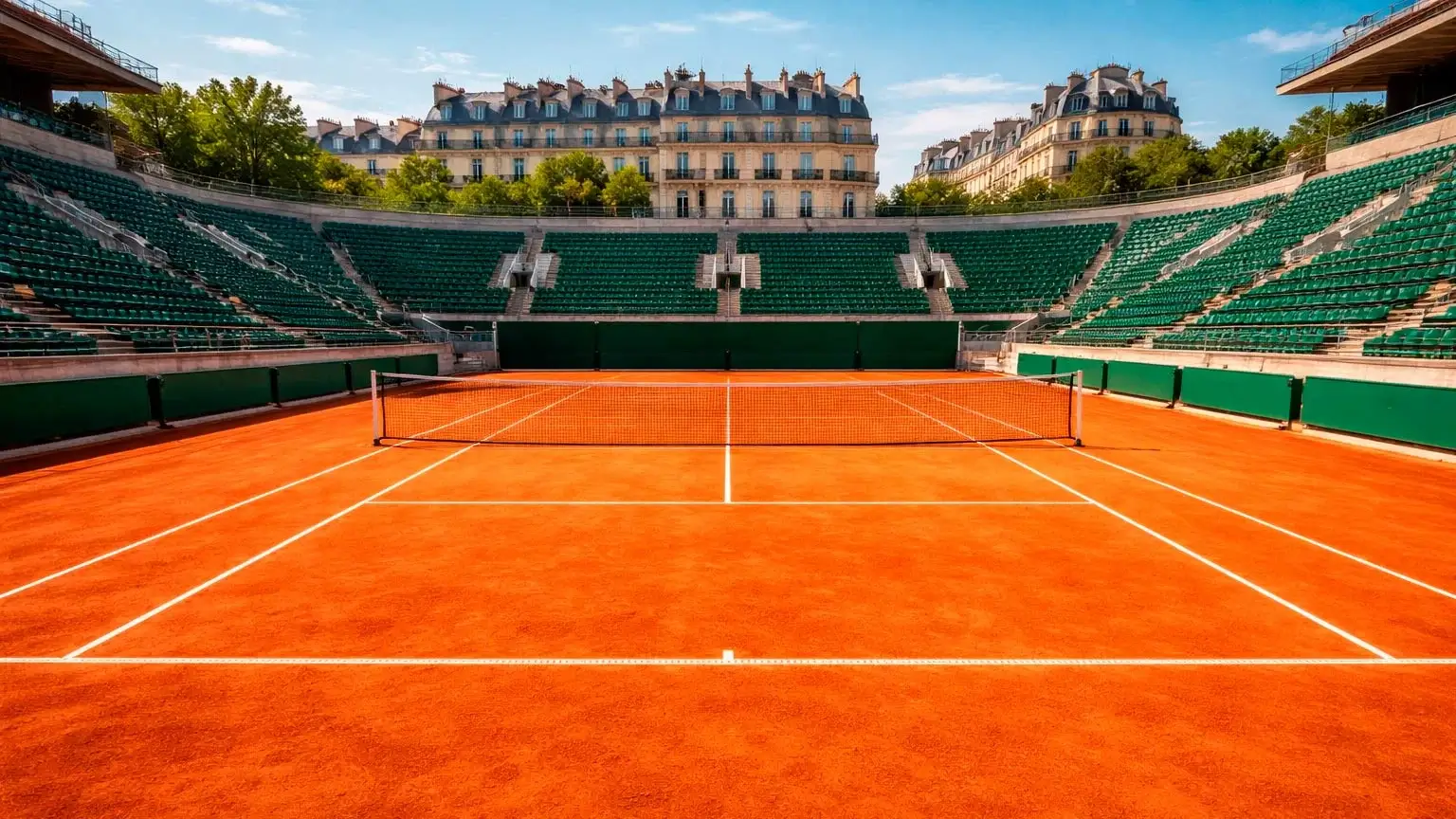 Sandplatz bei den French Open in Roland Garros mit roter Ziegelerde