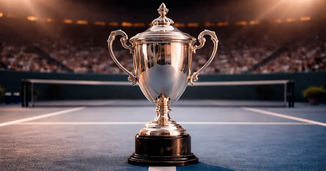 Grand-Slam-Pokal auf dem Tennisplatz mit Stadionatmosphäre
