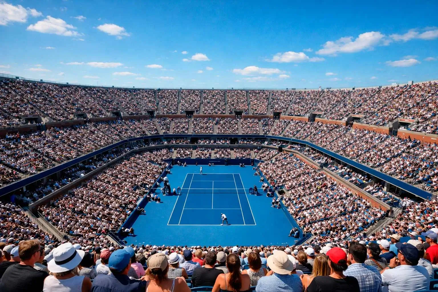 Blick auf ein gefülltes Tennisstadion während eines Grand-Slam-Turniers bei Tageslicht
