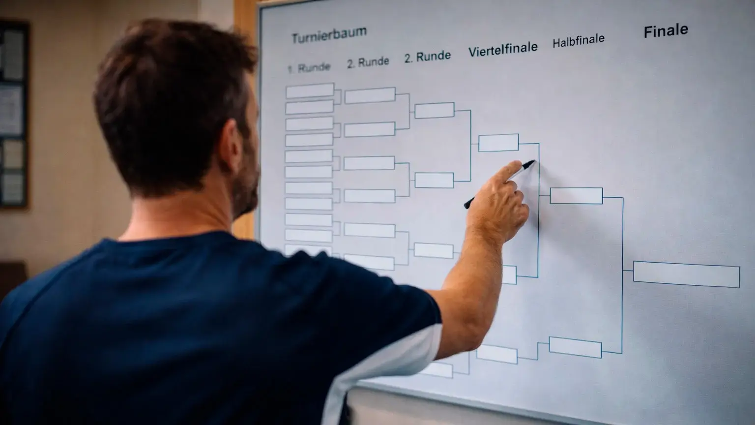 Tennisspieler studiert Turnierbaum und Auslosung auf einer Tafel