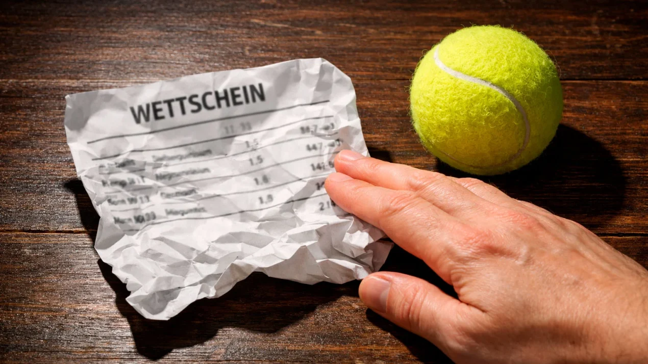 Zerknüllter Wettschein neben einem Tennisball auf einem Tisch