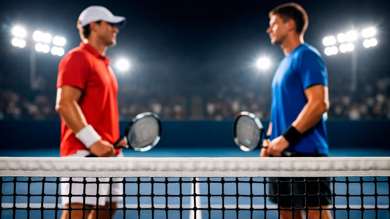 Zwei Tennisspieler stehen sich am Netz auf einem Tennisplatz gegenüber