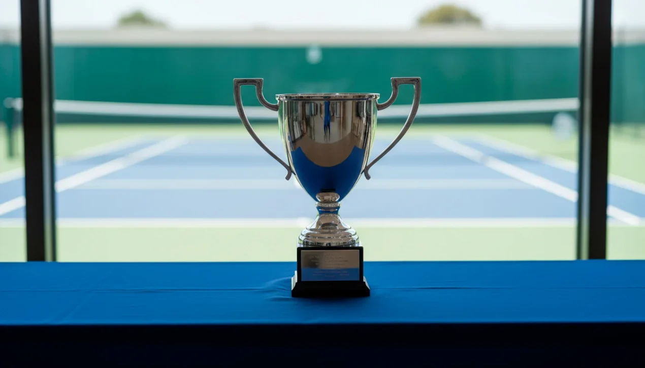 Tennispokal auf einem Tisch mit unscharfem Tennisplatz im Hintergrund