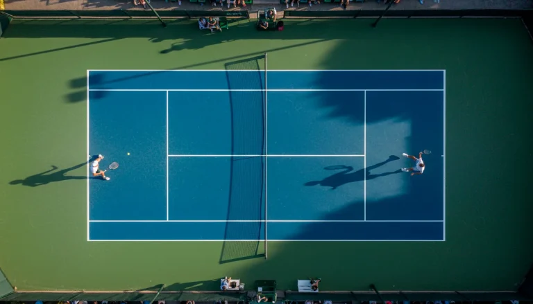 Tennisplatz von oben mit Spielern auf beiden Seiten des Netzes