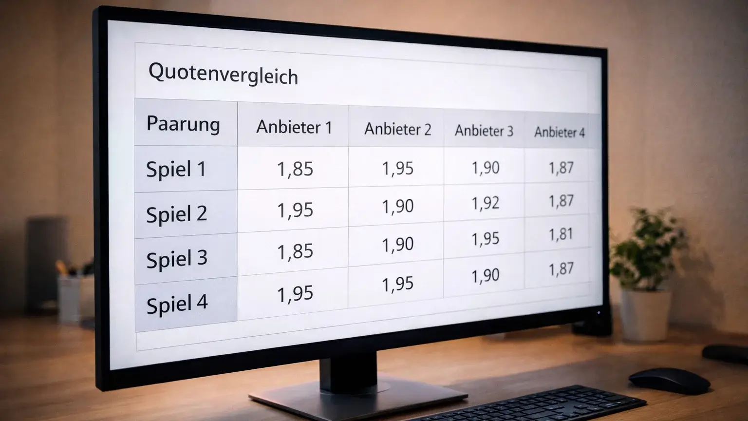 Vergleichstabelle mit Wettquoten verschiedener Anbieter auf Bildschirm
