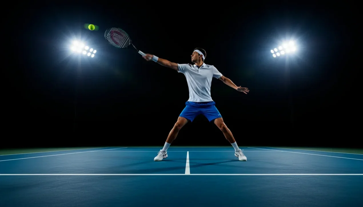 Tennisspieler beim kraftvollen Ass-Aufschlag mit Ballspur
