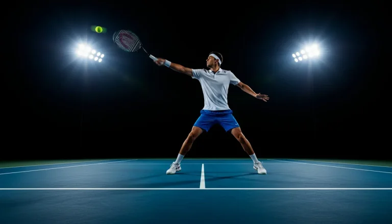 Tennisspieler beim kraftvollen Ass-Aufschlag mit Ballspur
