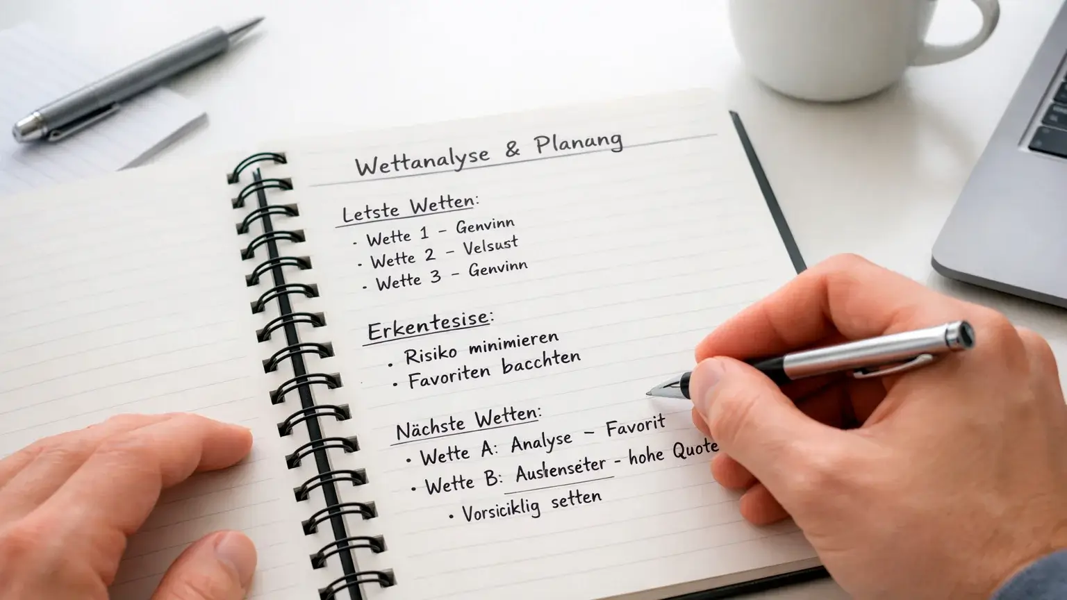 Person notiert Wettanalyse und Budget in einem Notizbuch