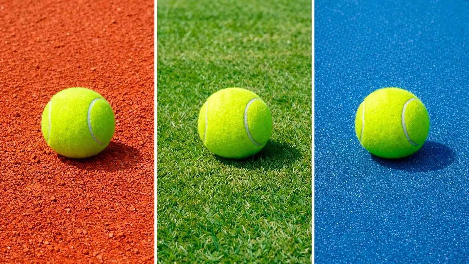 Verschiedene Tennisbeläge nebeneinander: Sand, Rasen und Hartplatz