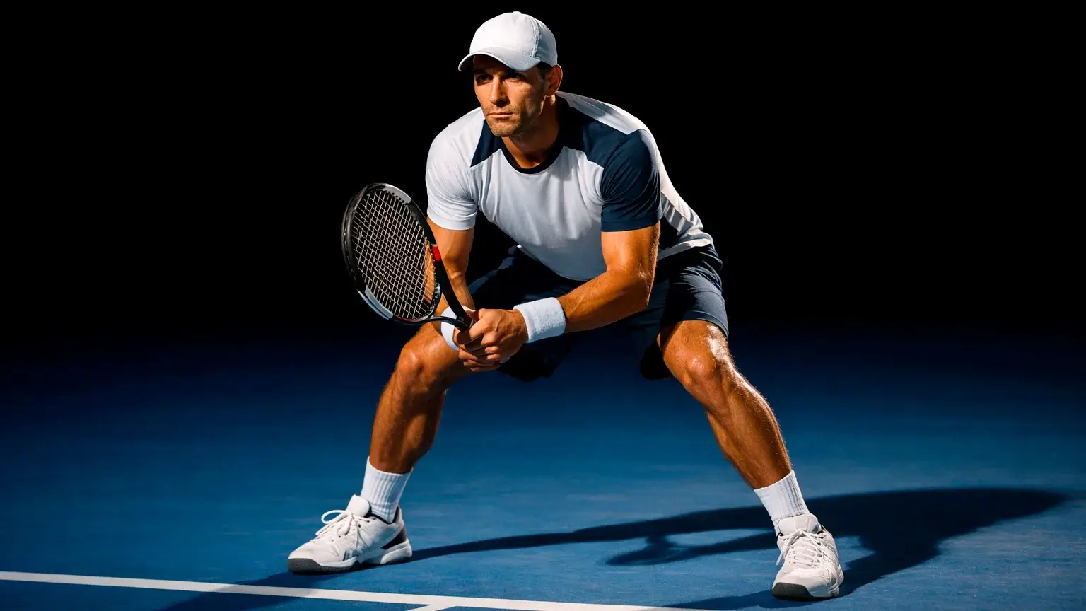 Tennisspieler beim Return mit voller Konzentration auf Breakchance