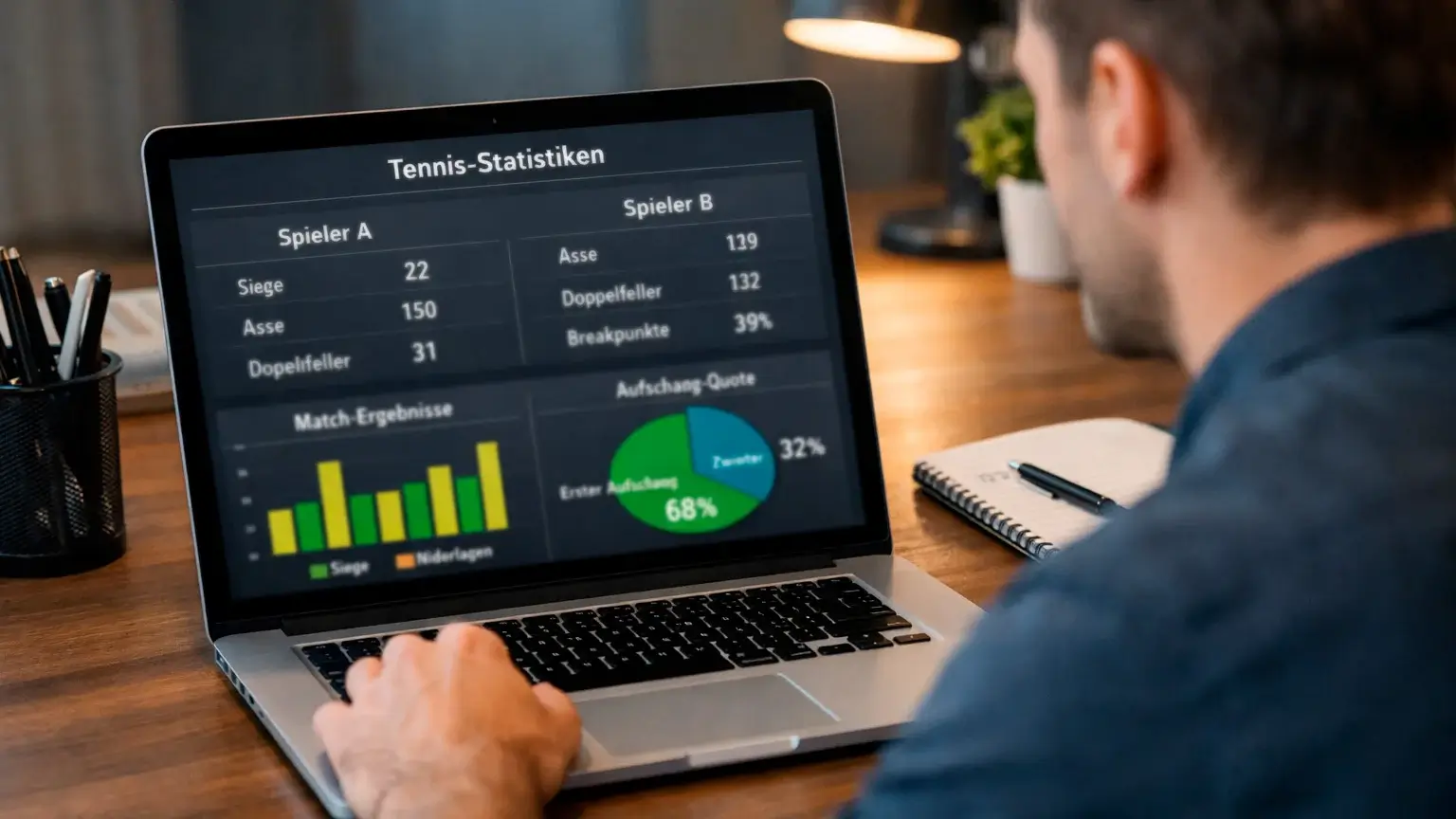 Sportanalyst studiert Tennisstatistiken auf einem Laptop