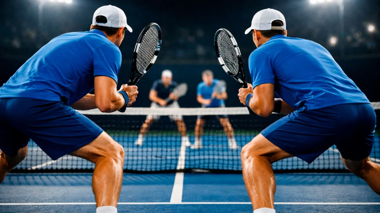 Zwei Tennisspieler als Doppelteam am Netz auf einem Hartplatz