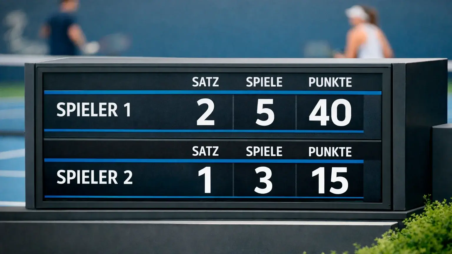 Anzeigetafel mit Spielstand bei einem professionellen Tennismatch
