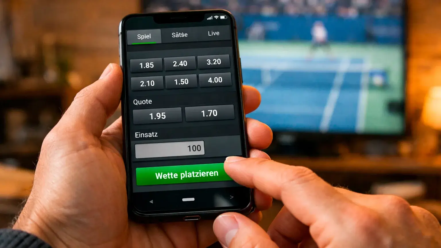Wetter verfolgt Tennismatch live auf Smartphone mit Wett-App