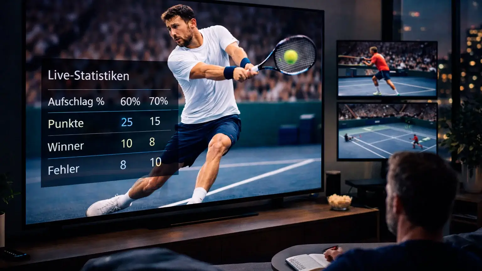 Tennis Live-Stream auf großem Bildschirm mit Statistik-Overlay