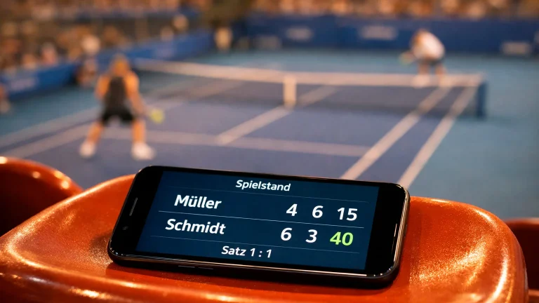 Smartphone mit Live-Tennisergebnis neben einem laufenden Tennismatch