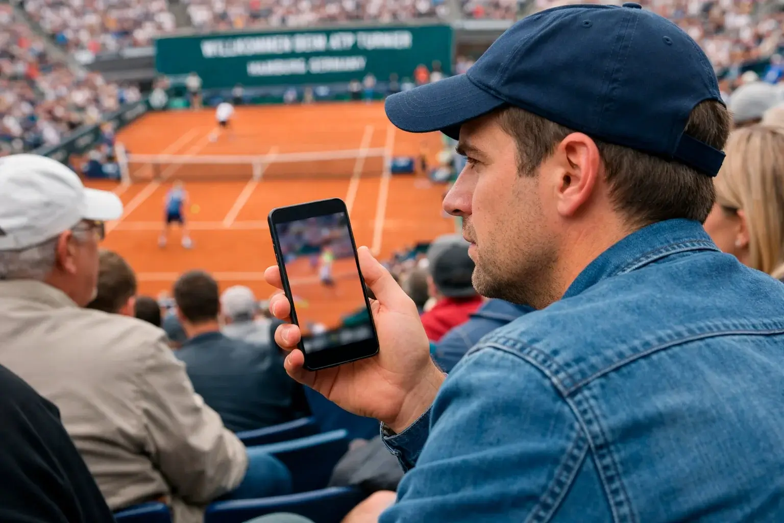 Tennisfan mit Smartphone verfolgt ein Match live im Stadion