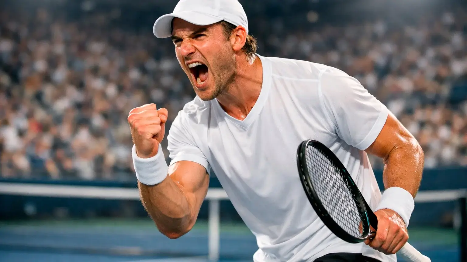 Tennisspieler zeigt Emotionen nach gewonnenem Punkt mit Faust