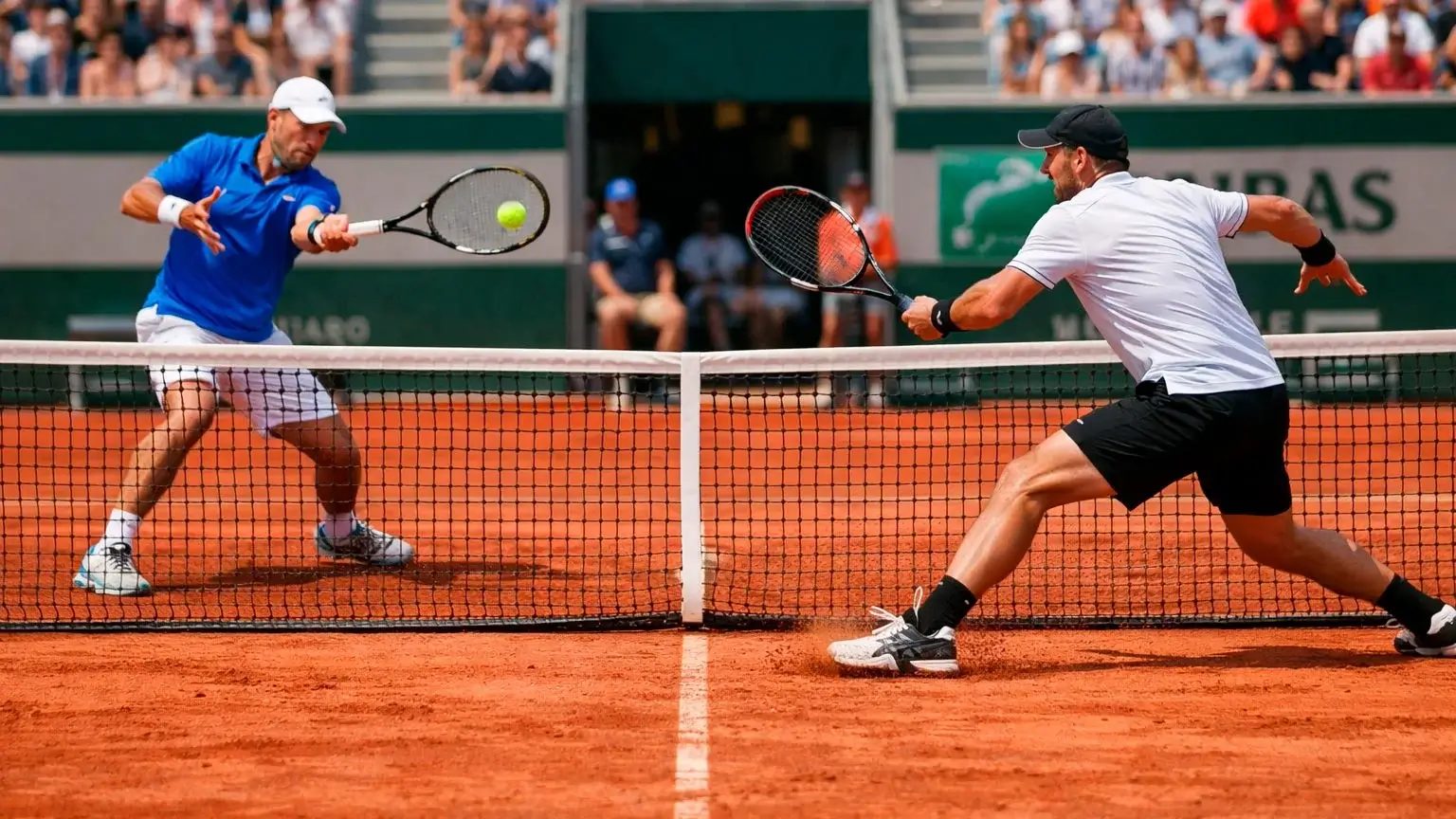Tennisspieler in intensivem Grundlinienduell auf Sandplatz