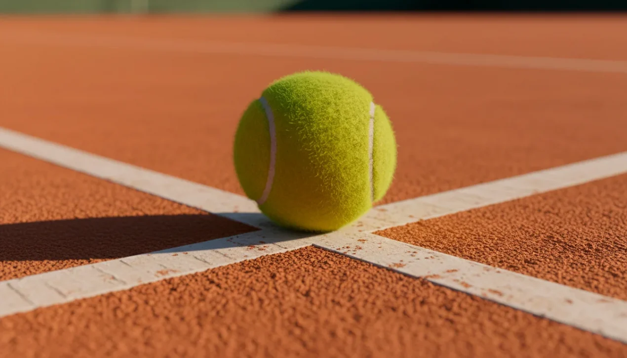 Nahaufnahme eines Tennisballs auf der Linie eines Sandplatzes