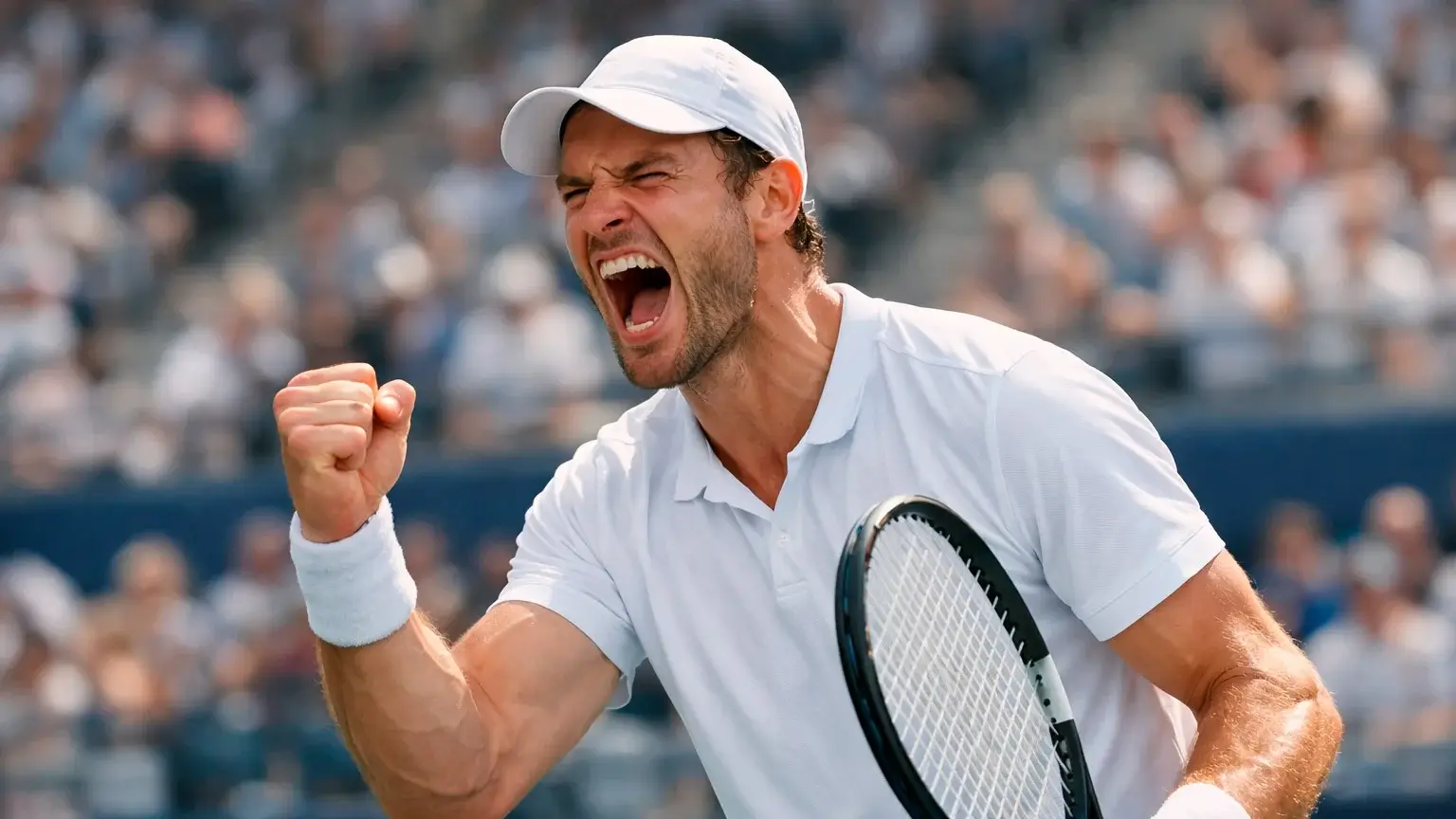 Tennisspieler feiert Satzgewinn mit geballter Faust auf dem Platz