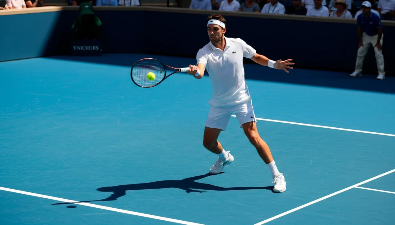 Tennisspieler beim Matchball auf einem sonnigen Hartplatz