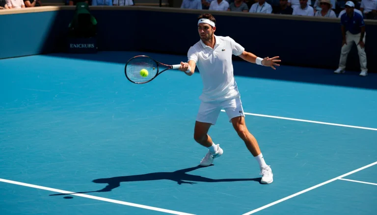 Tennisspieler beim Matchball auf einem sonnigen Hartplatz