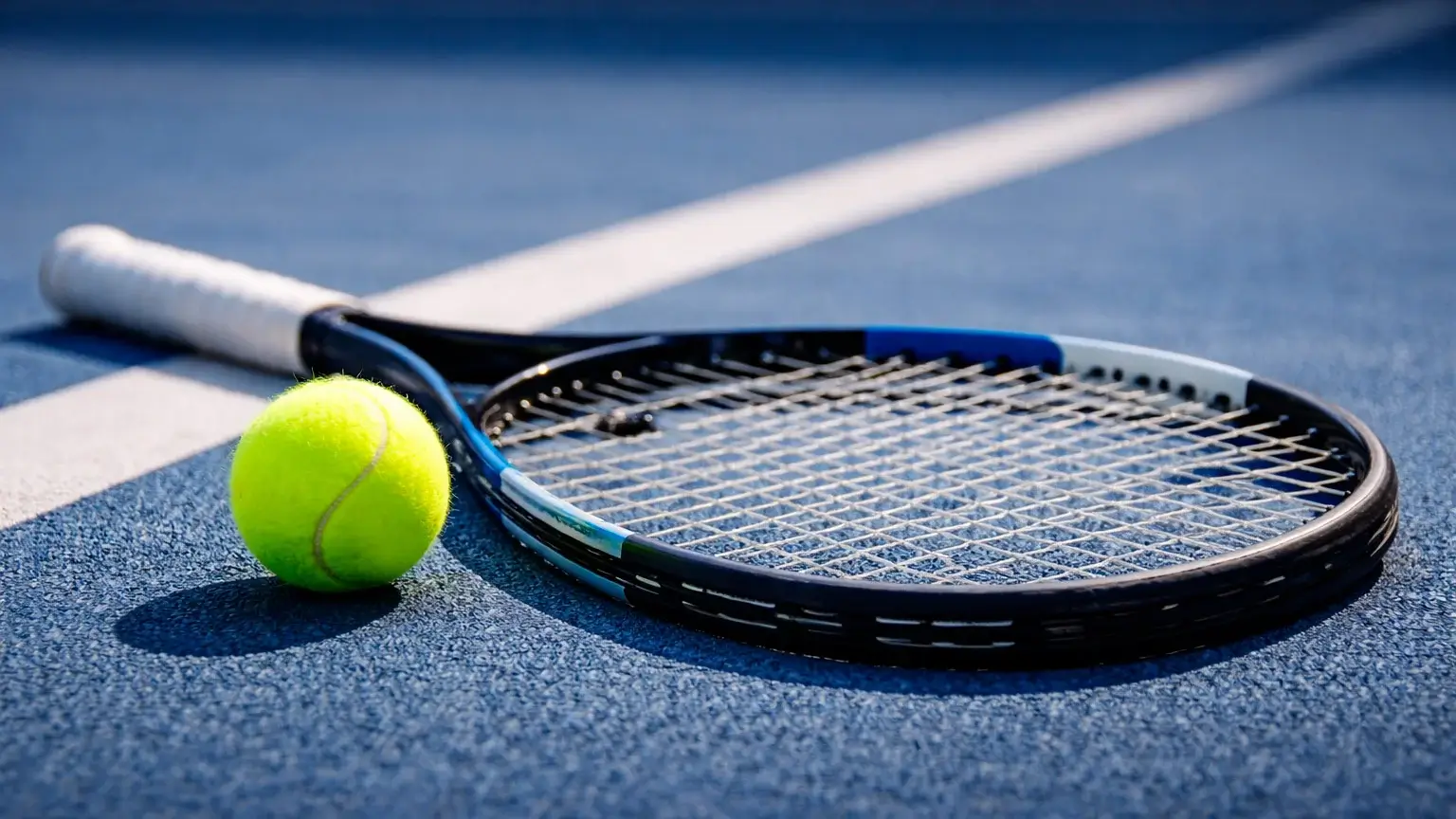 Nahaufnahme eines Tennisschlägers und Tennisballs auf Hartplatz