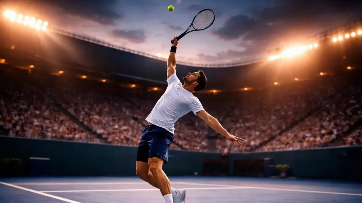 Tennisspieler beim Aufschlag auf einem professionellen Hartplatz mit Stadionbeleuchtung