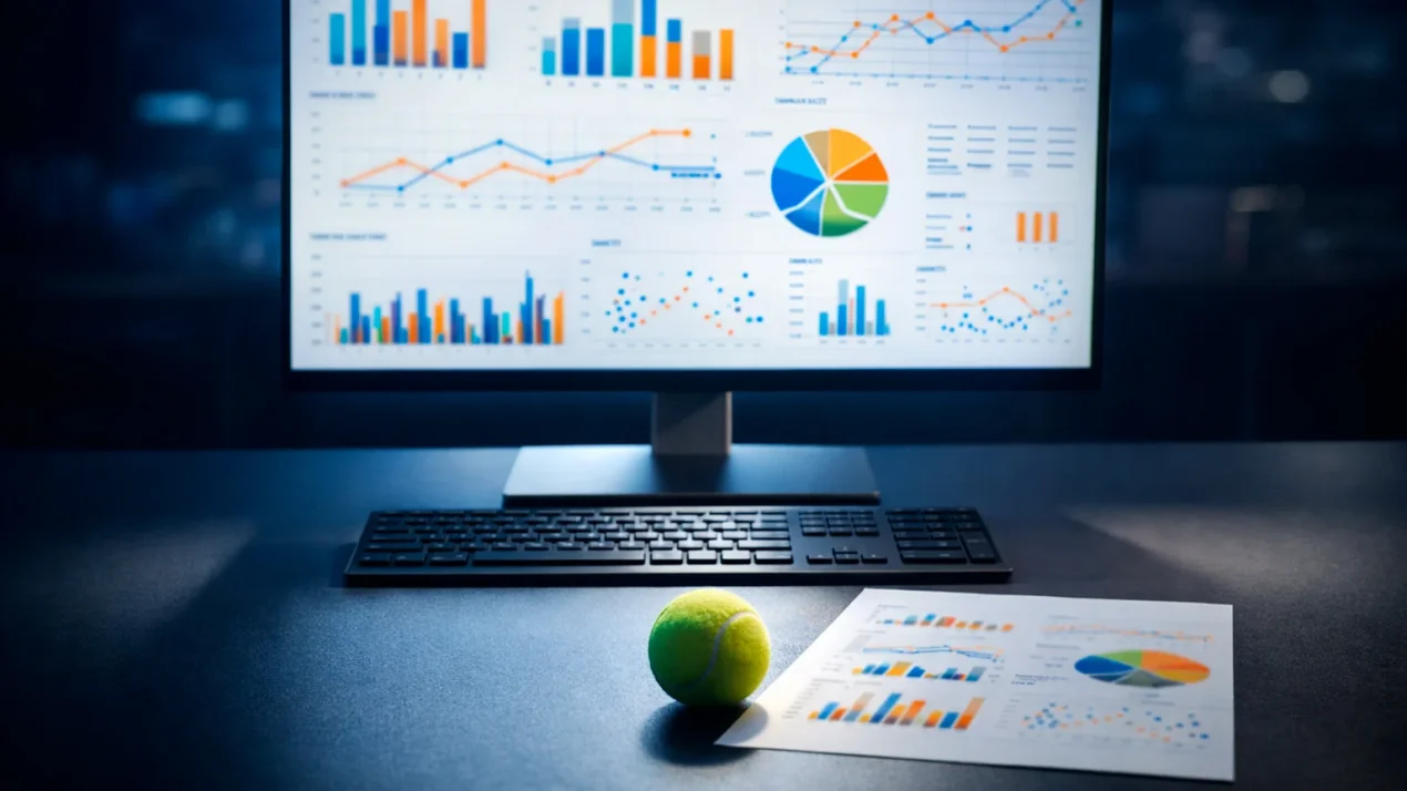 Bildschirm mit Tennisstatistiken und Datenanalyse neben einem Tennisball