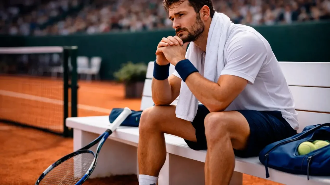 Konzentrierter Tennisspieler analysiert das Spiel während einer Pause