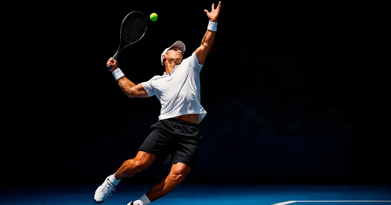 Tennisspieler beim kraftvollen Aufschlag auf einem professionellen Tennisplatz