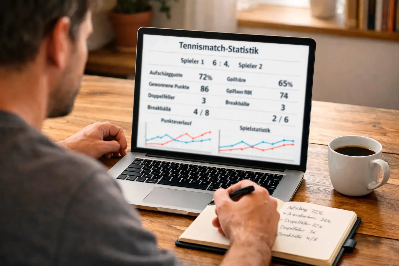 Person analysiert Tennisstatistiken auf einem Laptop mit Notizblock