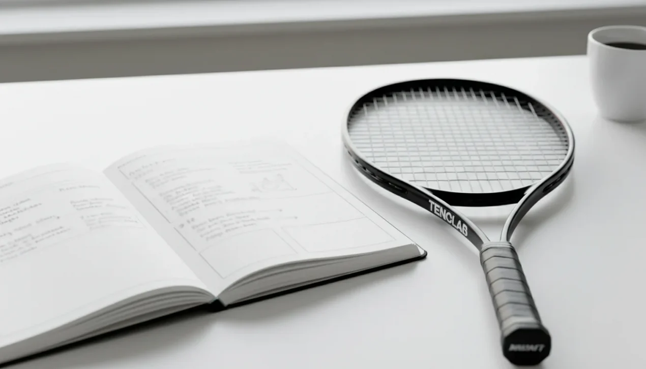 Notizbuch mit Tenniswetten-Strategie neben einem Tennisschläger