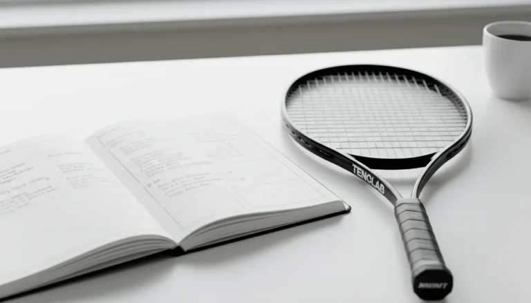 Notizbuch mit Tenniswetten-Strategie neben einem Tennisschläger