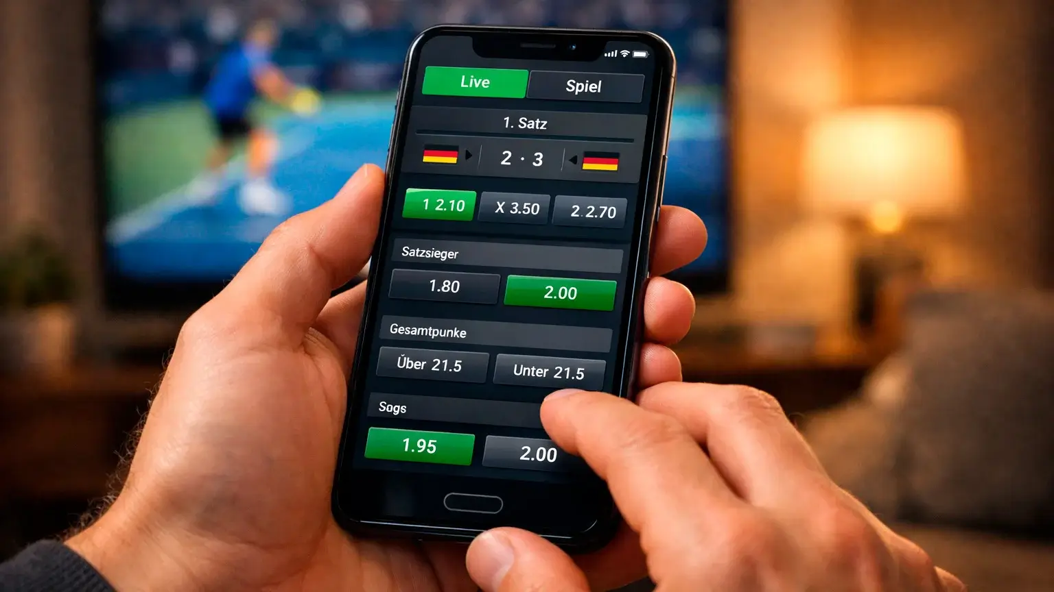 Moderne Sportwetten-App auf Smartphone mit Tennis-Match im Hintergrund