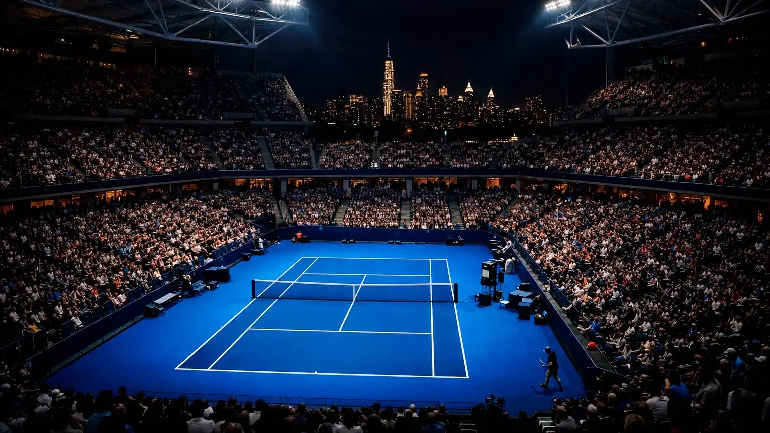 Arthur Ashe Stadium bei den US Open unter Flutlicht bei Nacht