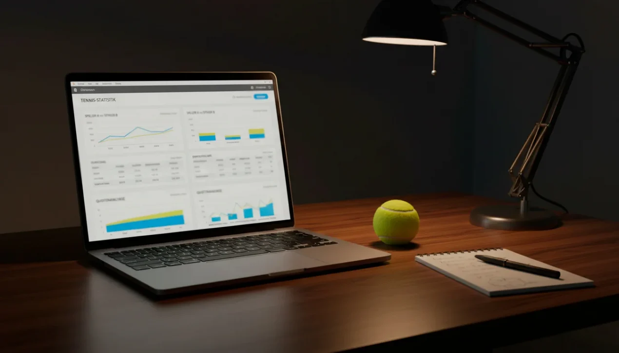 Laptop mit Tennisstatistiken neben einem Tennisball auf einem Schreibtisch
