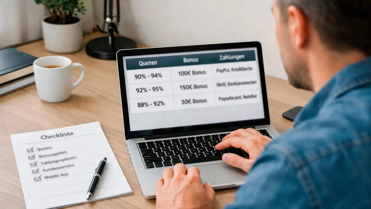 Person vergleicht Tennis-Wettanbieter am Laptop mit Checkliste