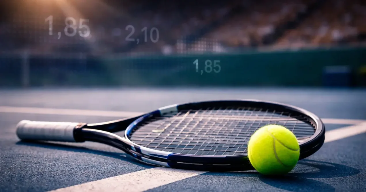Tennisball und Schläger mit symbolischen Wettquoten im Hintergrund