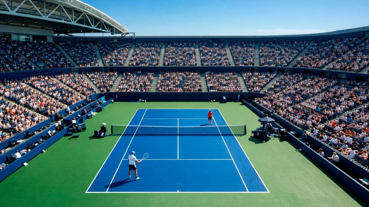 Blick auf den Hartplatz der Australian Open bei strahlendem Sonnenschein