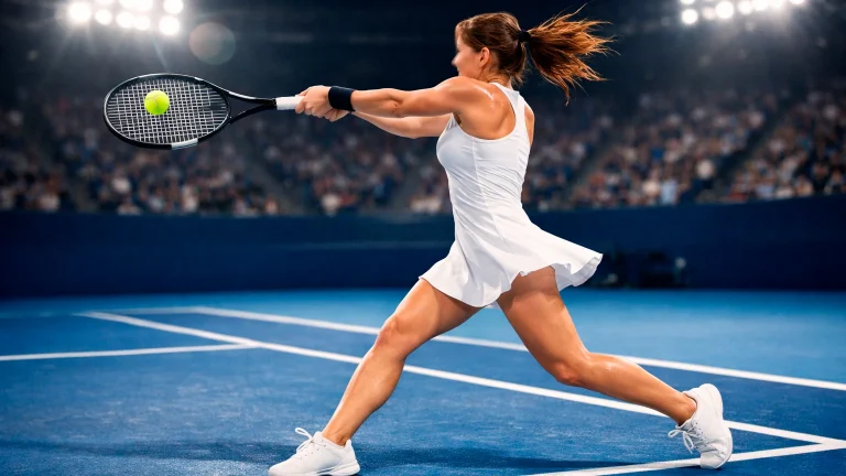 Tennisspielerin beim Return auf einem Hartplatz im WTA-Turnier